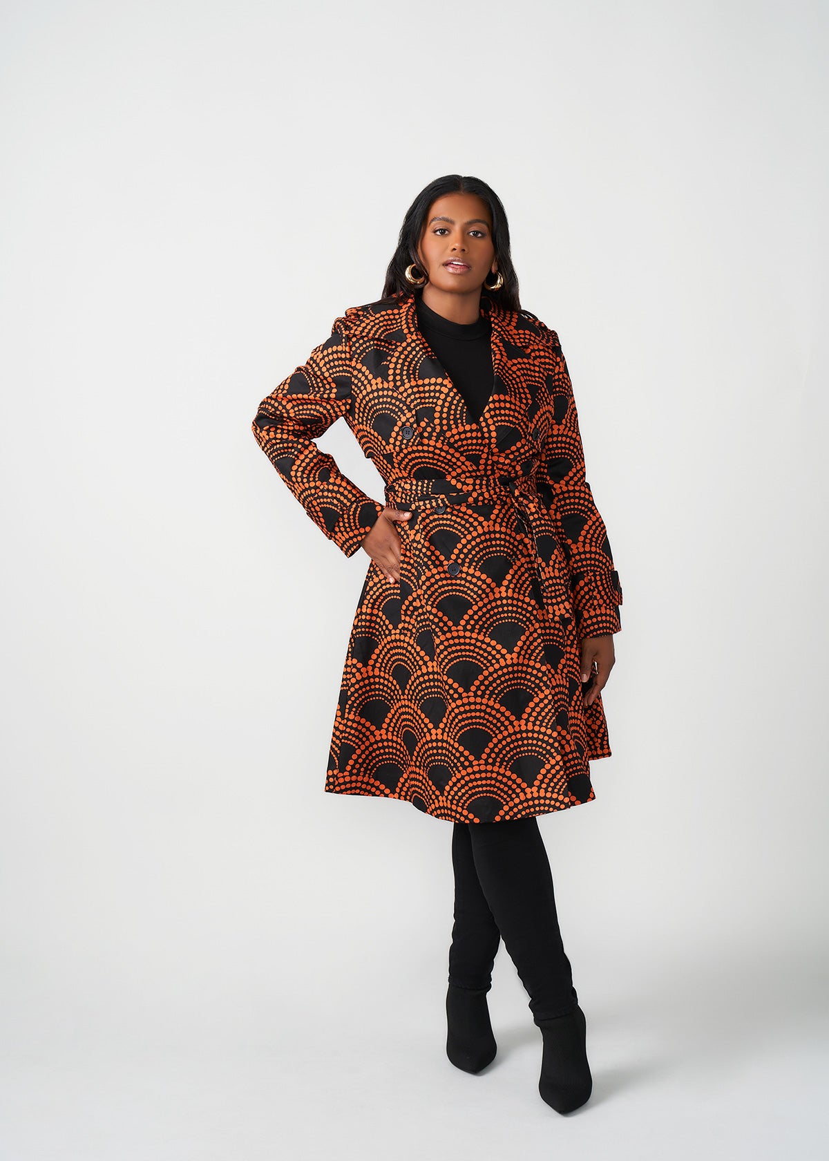 Tiasale Women's African Print Utility Trench Coat (Black Amber Dots)