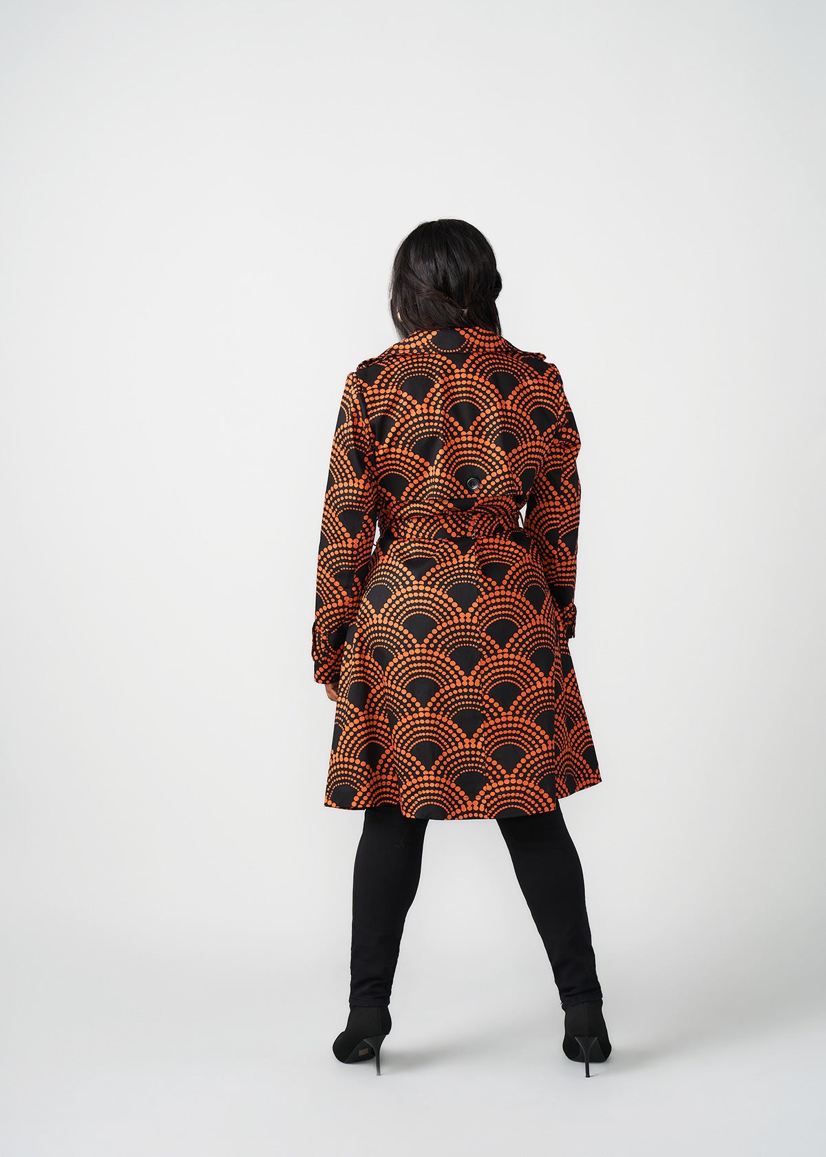 Tiasale Women's African Print Utility Trench Coat (Black Amber Dots)