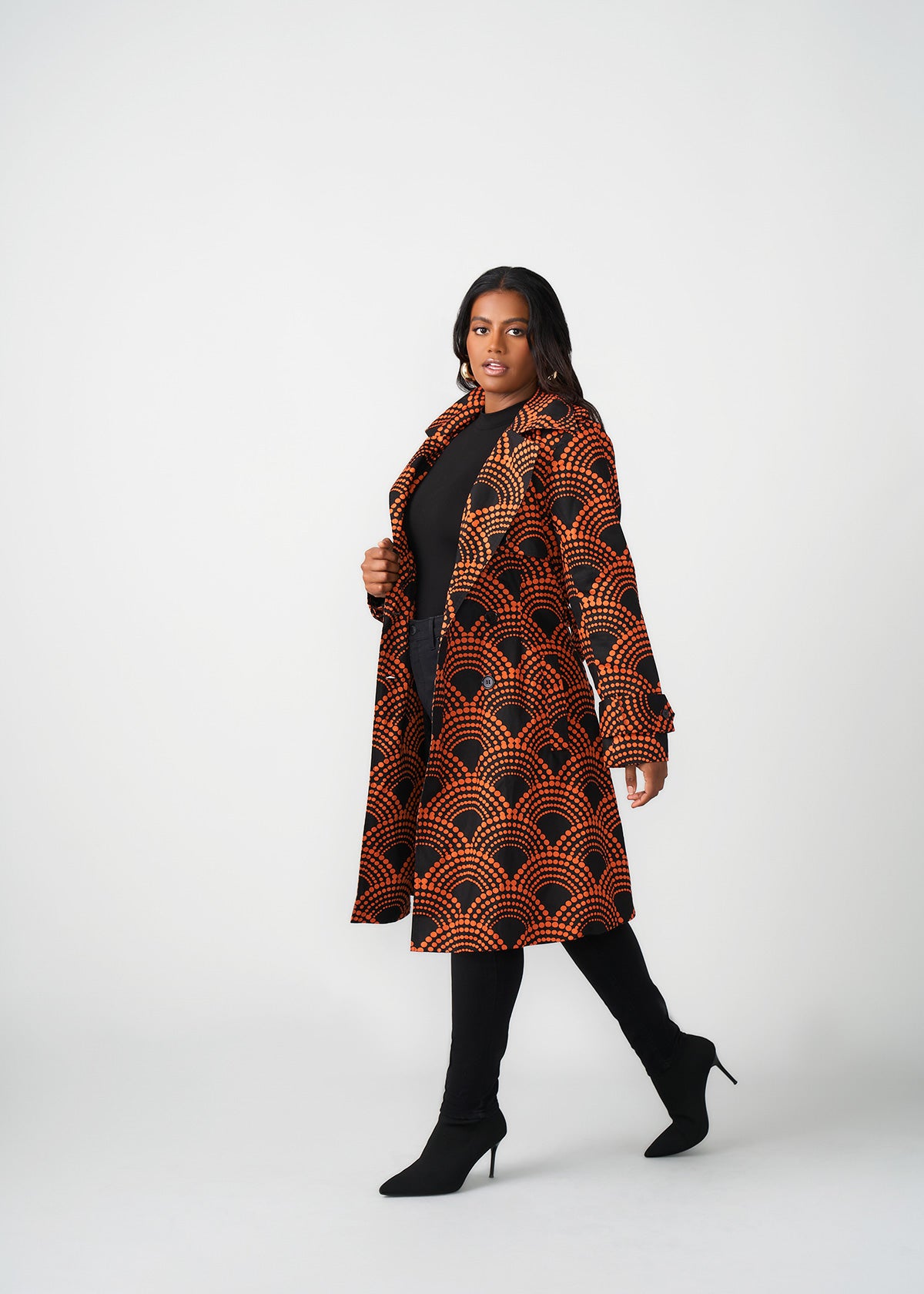 Tiasale Women's African Print Utility Trench Coat (Black Amber Dots)