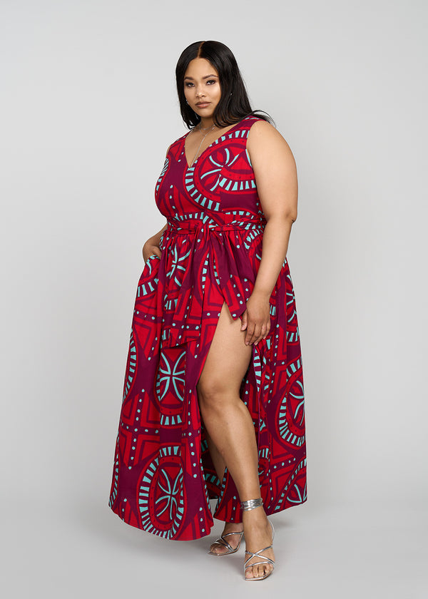 Tinashe Women's African Print Maxi Dress (Red Mint Medallion)
