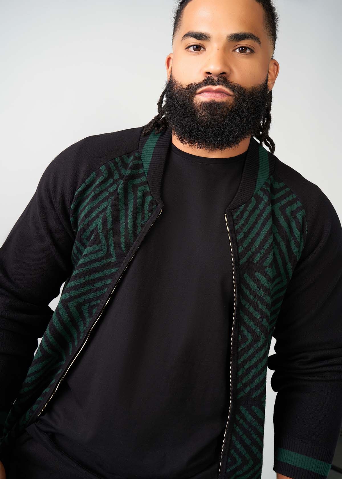 Togo Men's African Print Zip-Up Sweater (Malachite Diamond Adire)