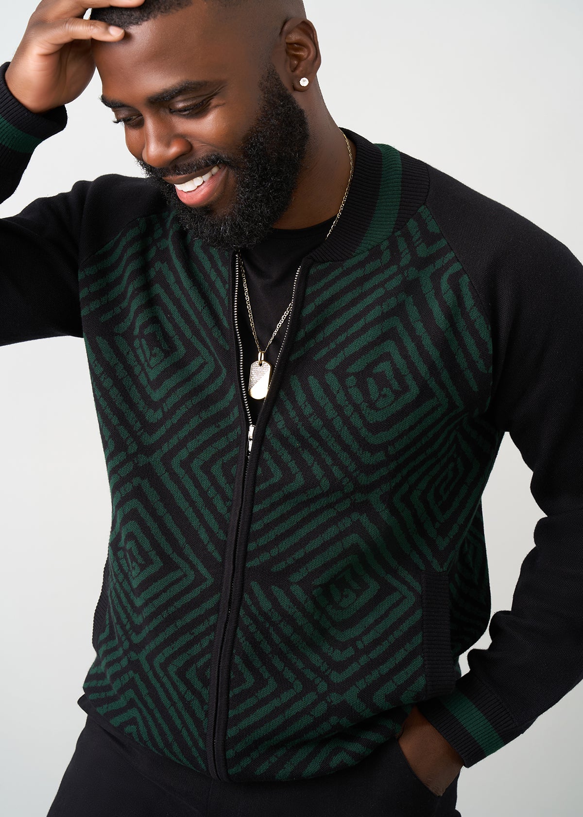 Togo Men's African Print Zip-Up Sweater (Malachite Diamond Adire)