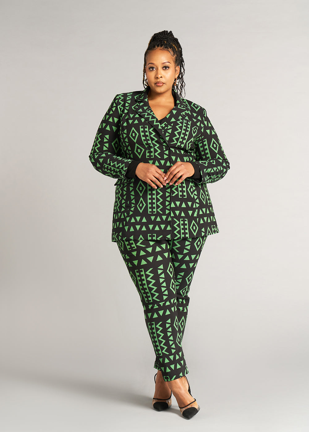 Uyai Women's African Print Stretch Blazer (Moss Black Geometric) - Clearance