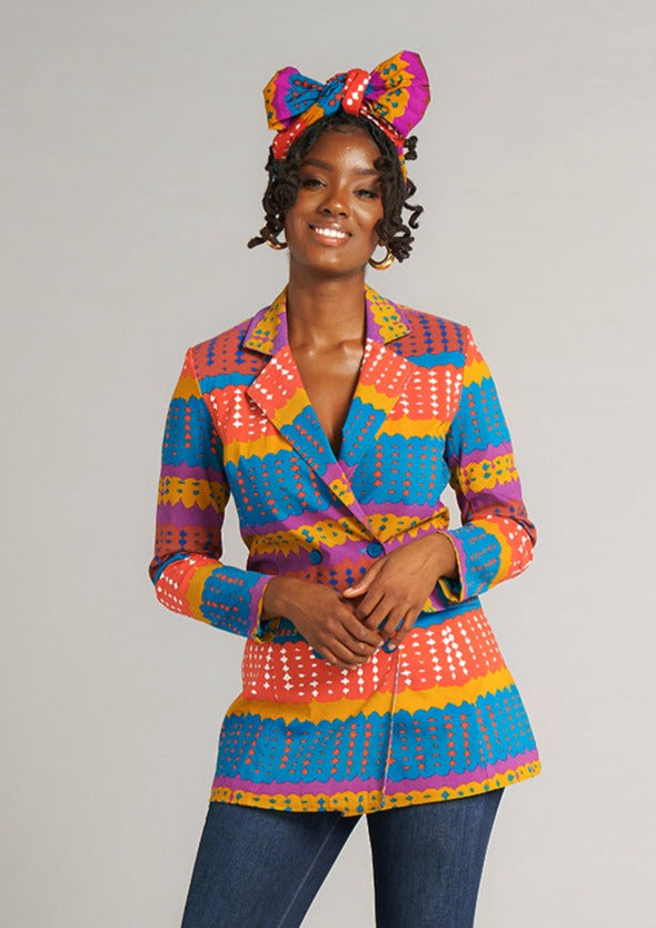 Uyai Women's African Print Stretch Blazer (Orange Teal Adire) - Clearance