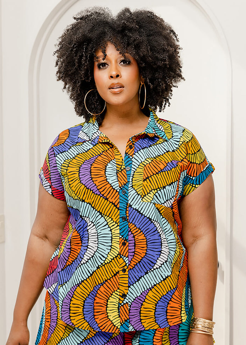 Tahiya Women's African Print Button-Down (Abstract Lines) – D'IYANU