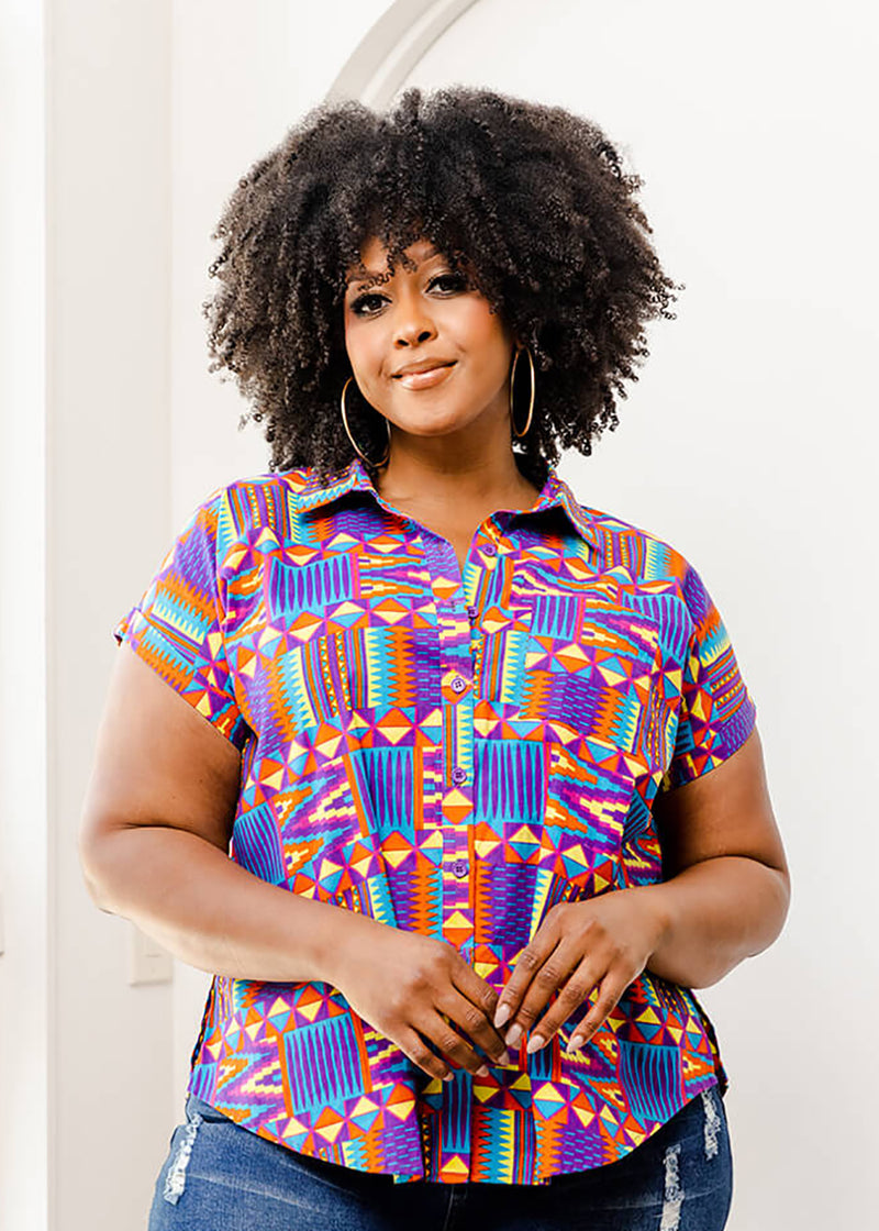Tahiya Women's African Print Button-Down Shirt (Rainbow Kente)-Clearan ...