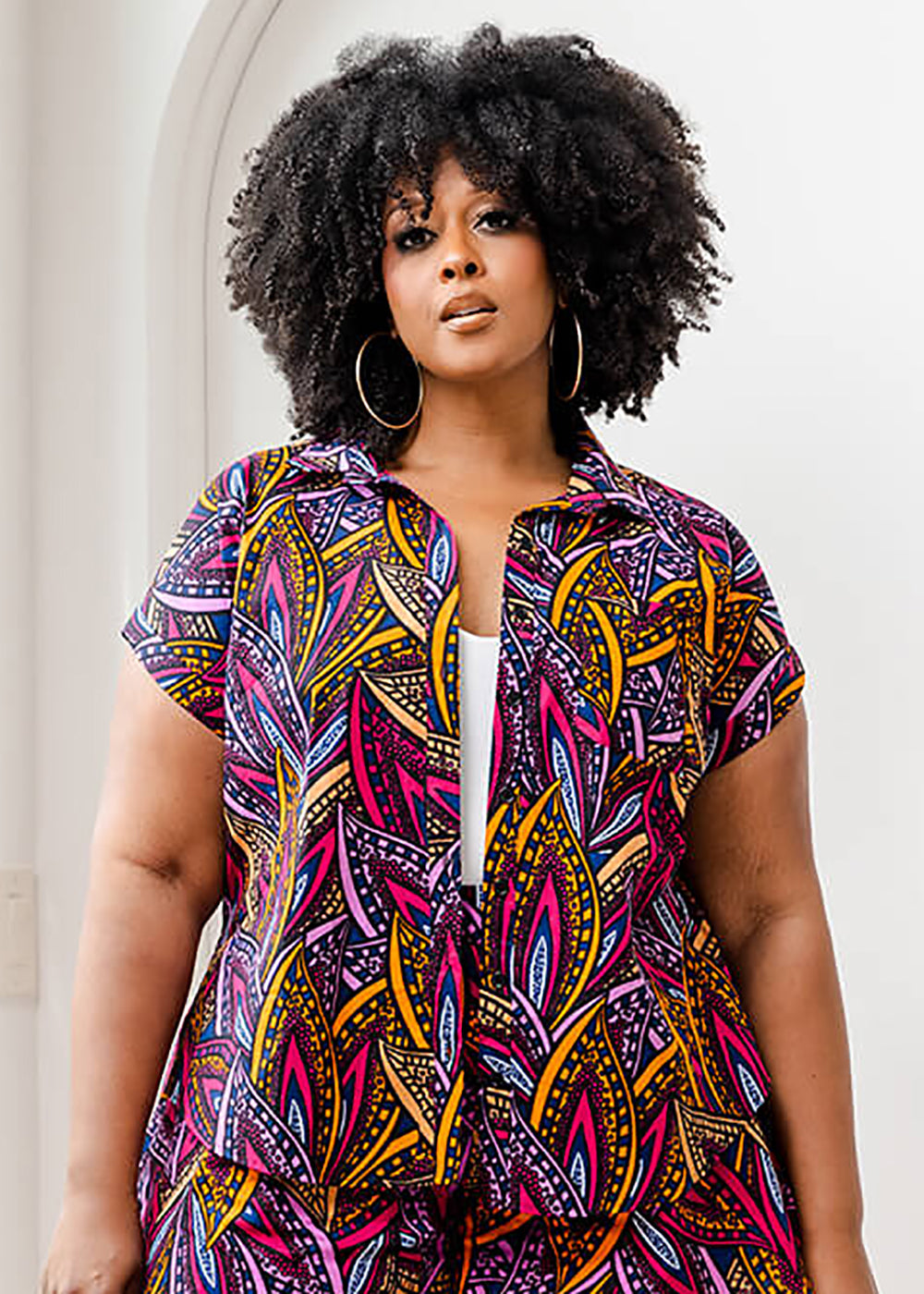 Tahiya Women's African Print Button-Down Shirt (Sunset Leaves) - Clear ...
