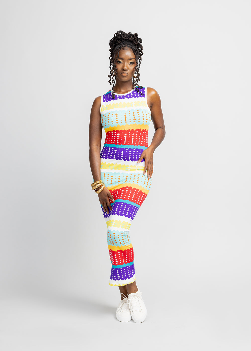 Hadi Women's African Print Jersey Dress (Rainbow Punch Adire) - Clearance