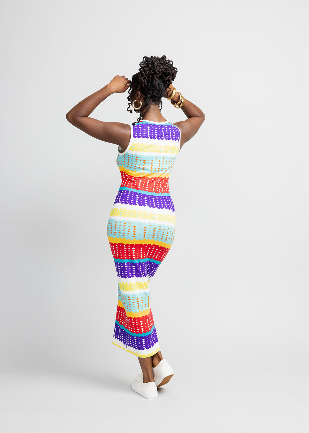 Hadi Women's African Print Jersey Dress (Rainbow Punch Adire) - Clearance