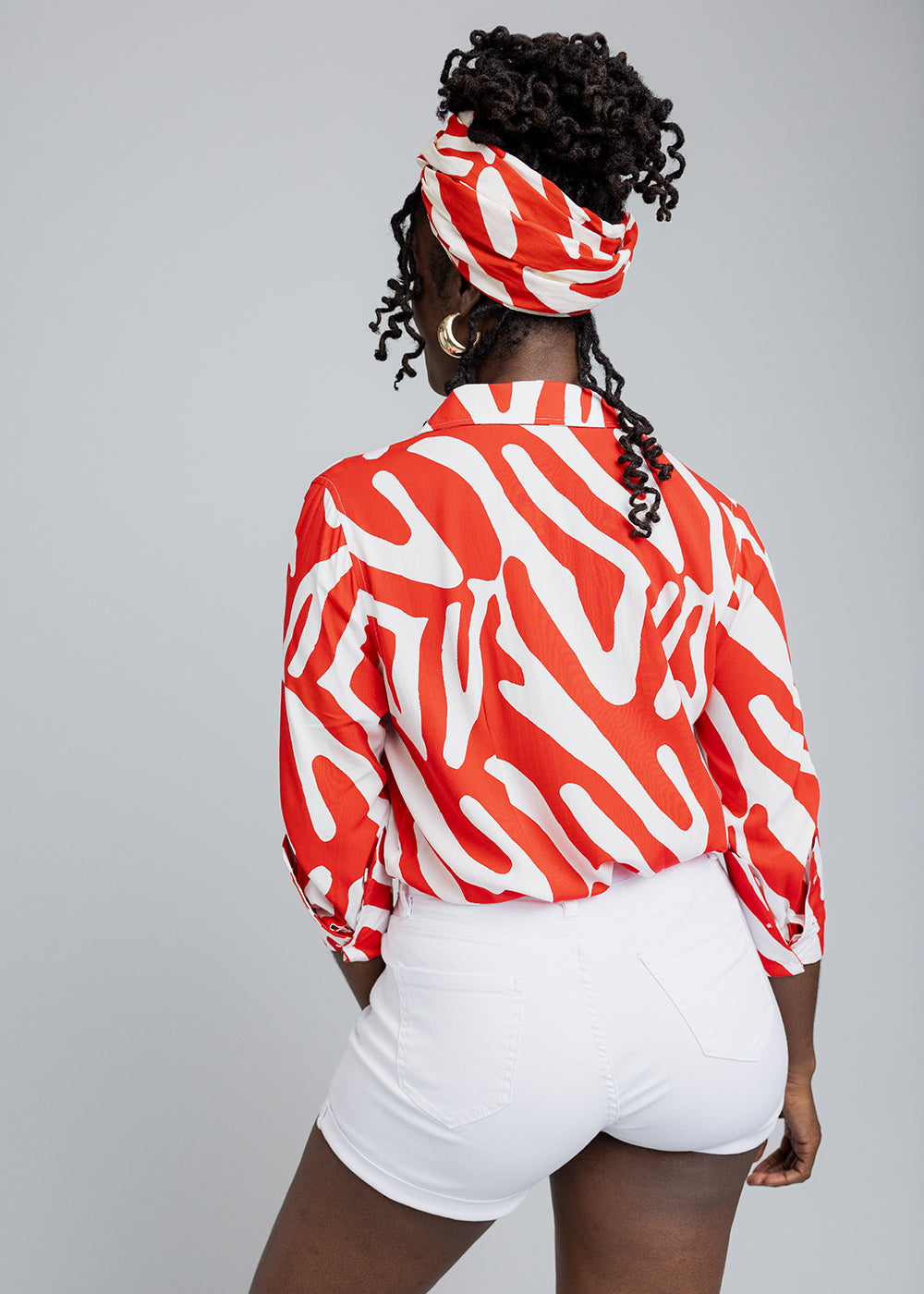 Kwamena Women's African Print Button-Up Shirt (Deep Orange Zebra Abstract) - Clearance