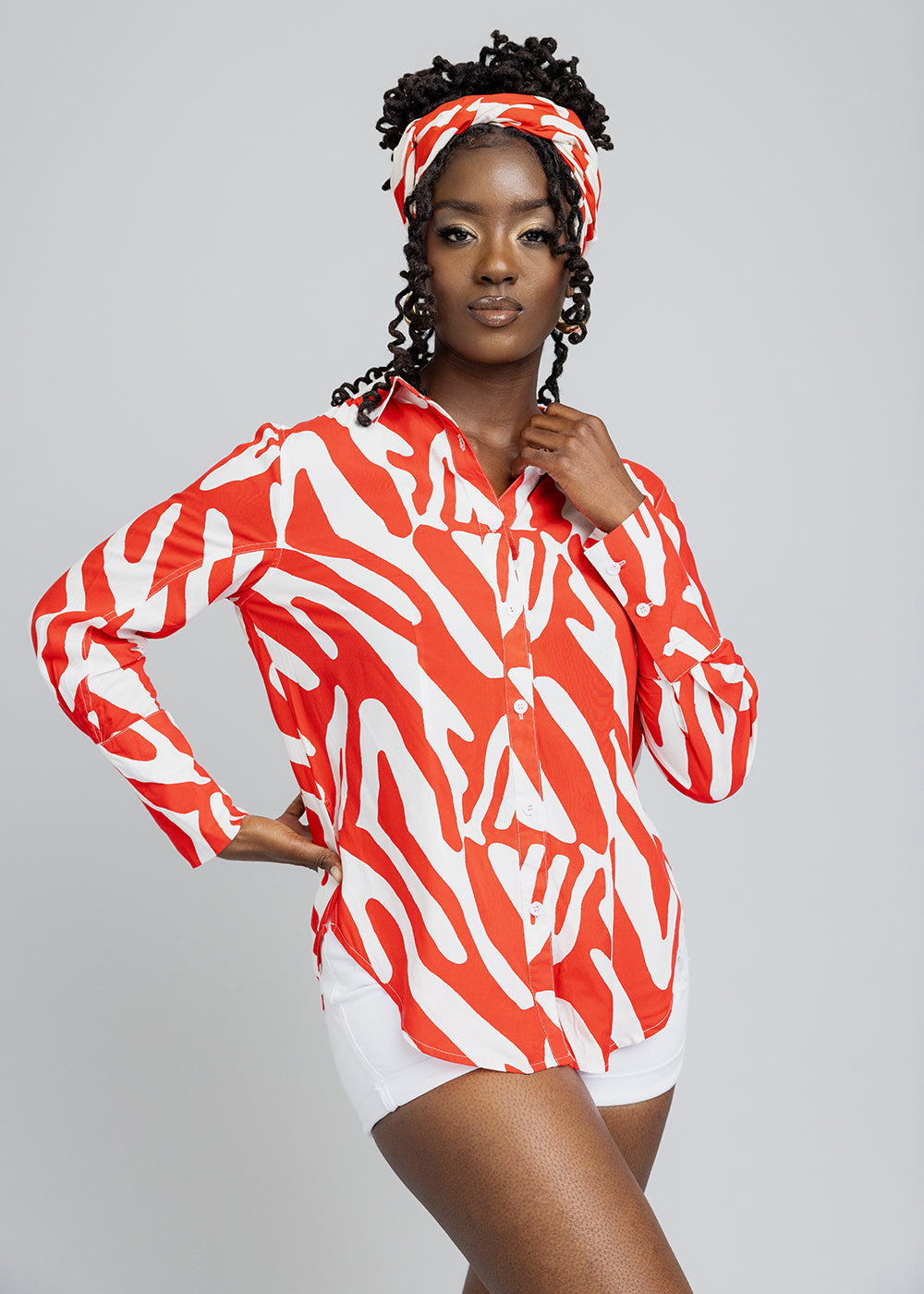 Kwamena Women's African Print Button-Up Shirt (Deep Orange Zebra Abstract) - Clearance