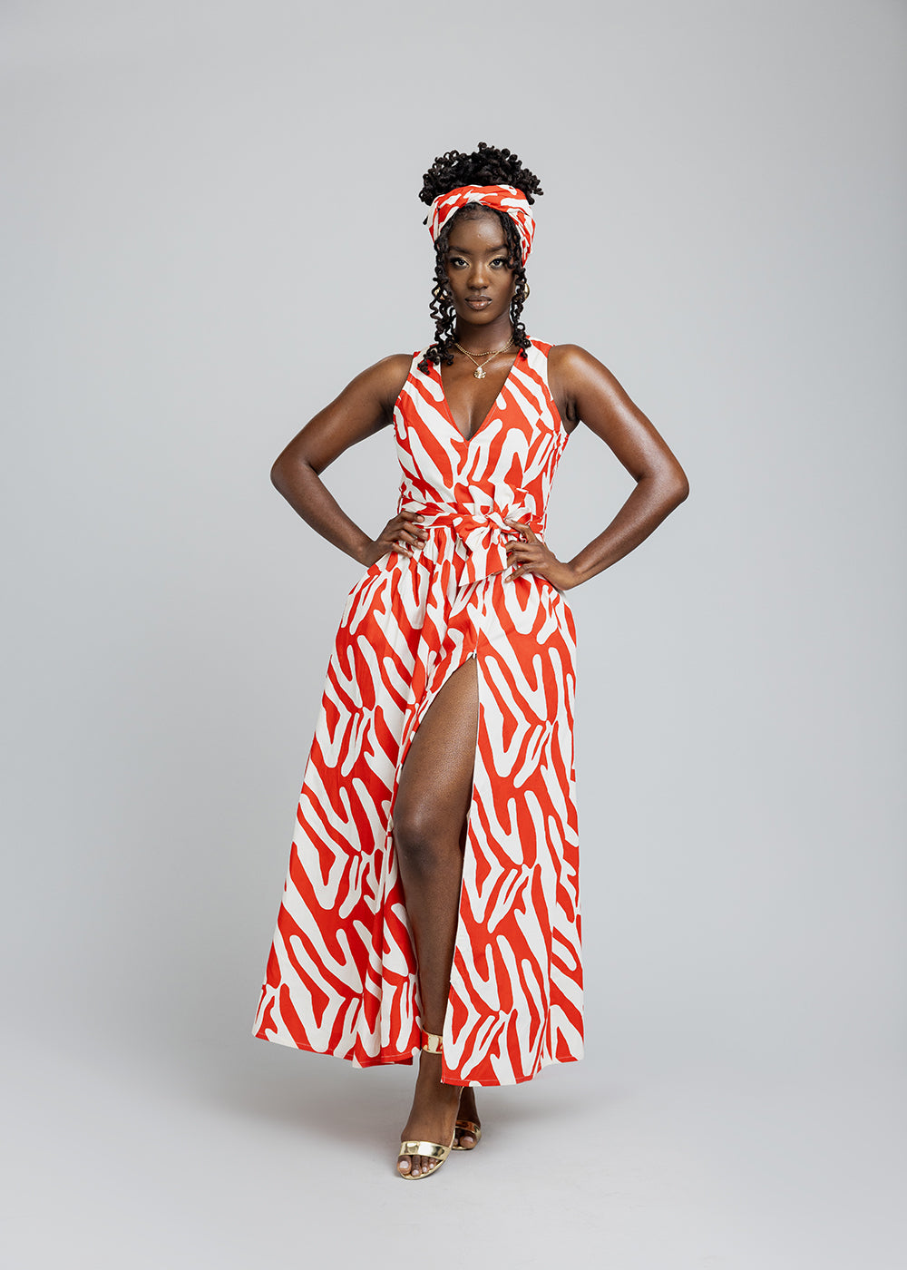 Tinashe Women's African Print Maxi Dress (Deep Orange Zebra Abstract) - Clearance