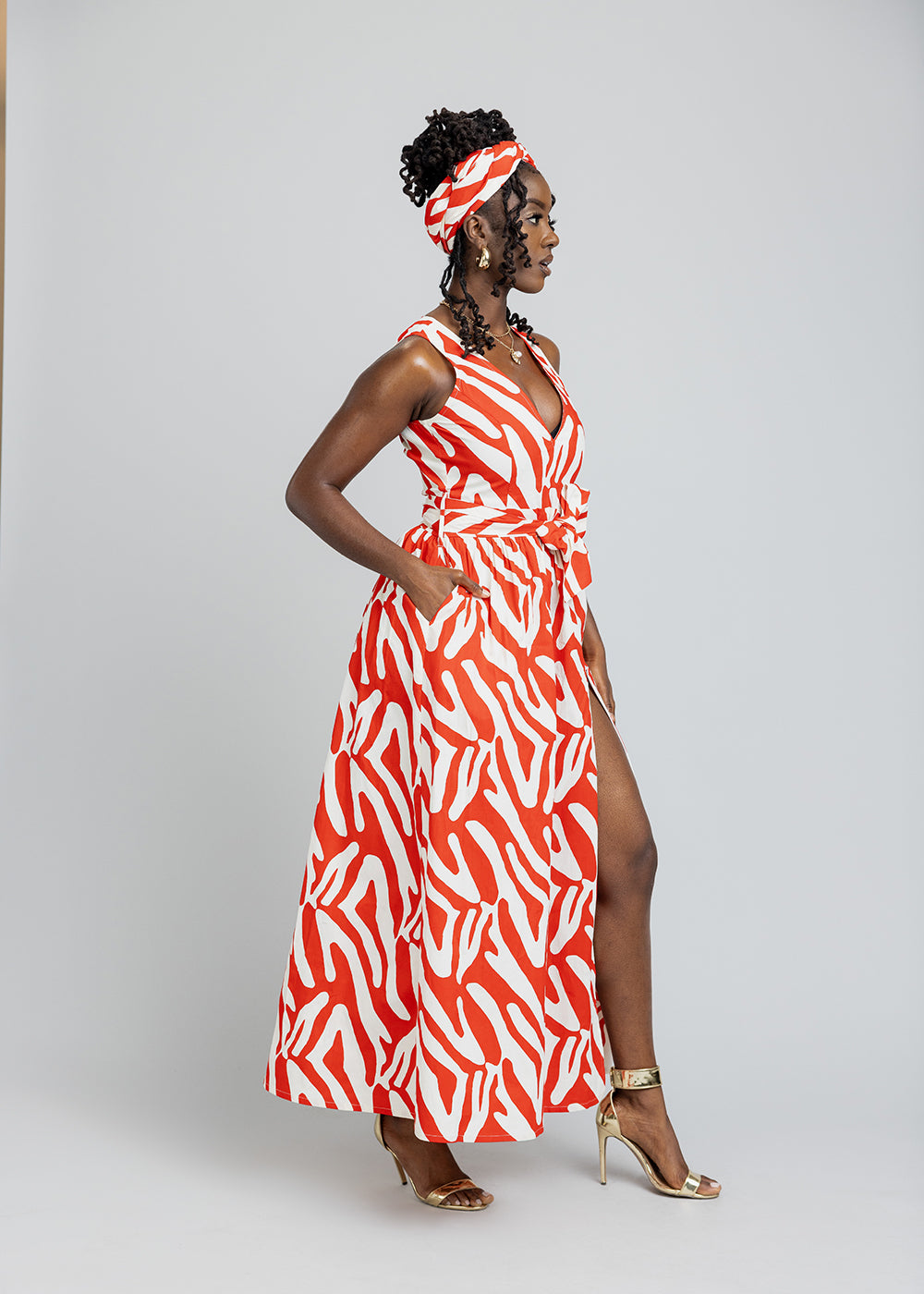 Tinashe Women's African Print Maxi Dress (Deep Orange Zebra Abstract) - Clearance