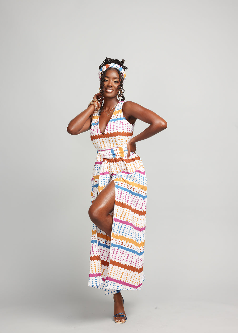 Tinashe Women's African Print Maxi Dress (White Nautical Adire) - Clearance