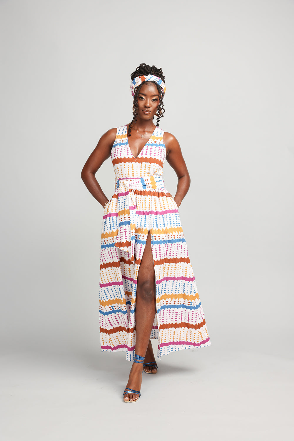 Tinashe Women's African Print Maxi Dress (White Nautical Adire) - Clearance