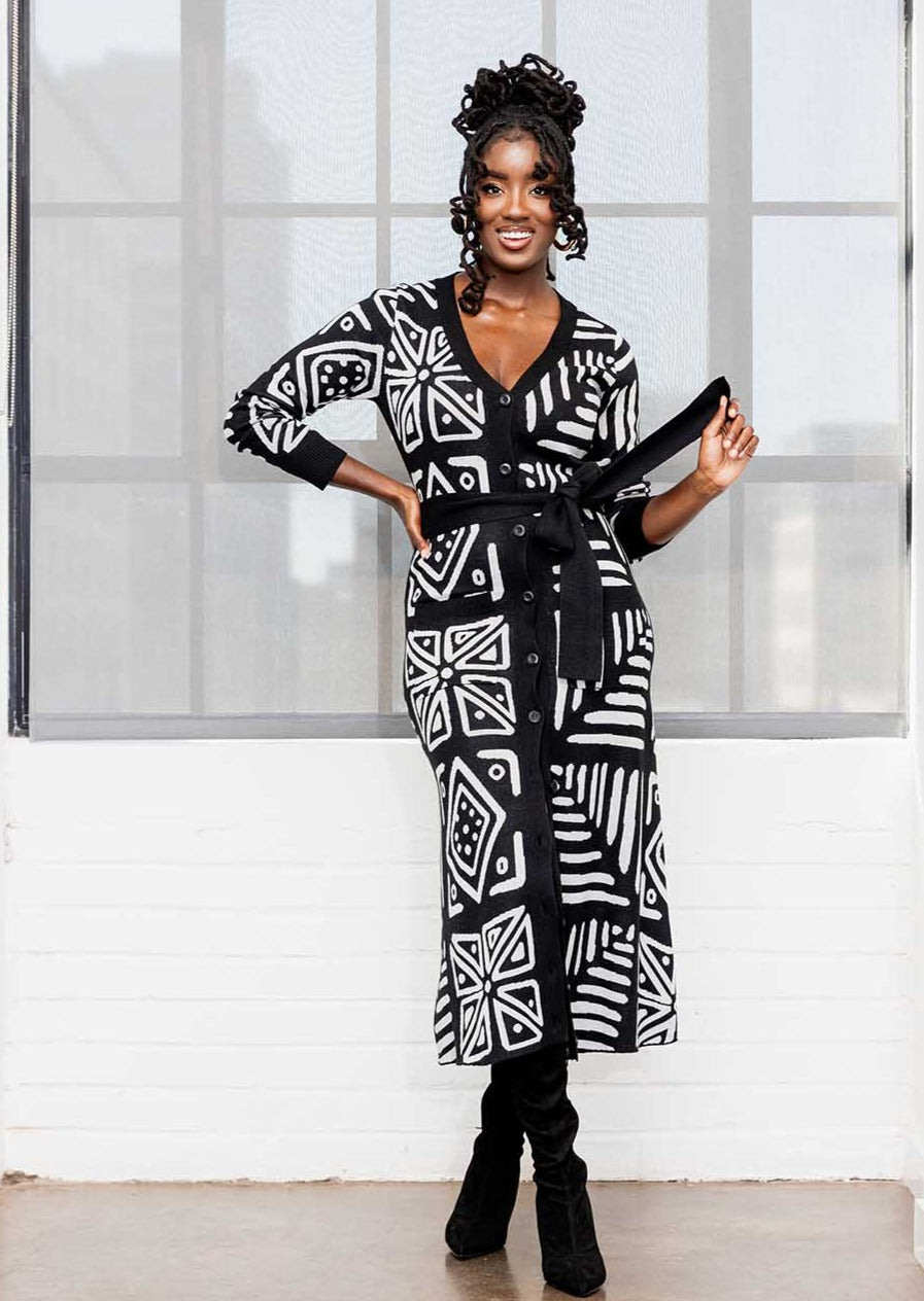 Aisha Women's African Print Cardigan (Grayscale Tribal)