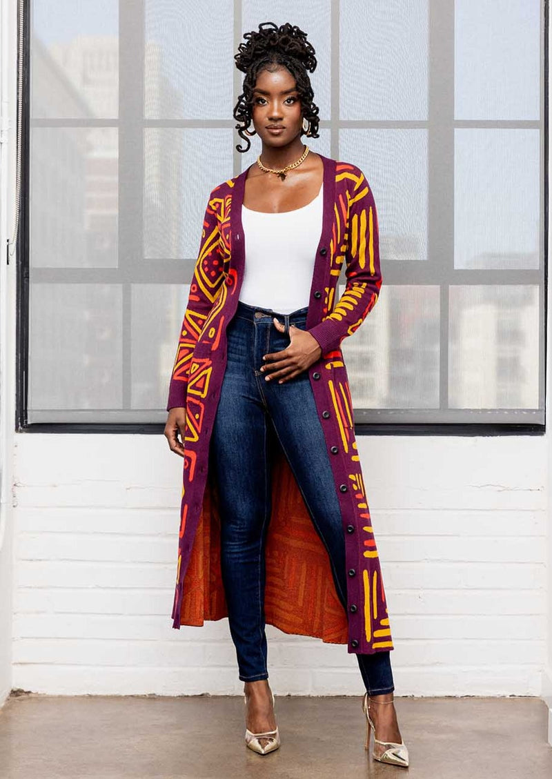 Aisha Women's African Print Cardigan (Plum Gold Tribal) – D'IYANU