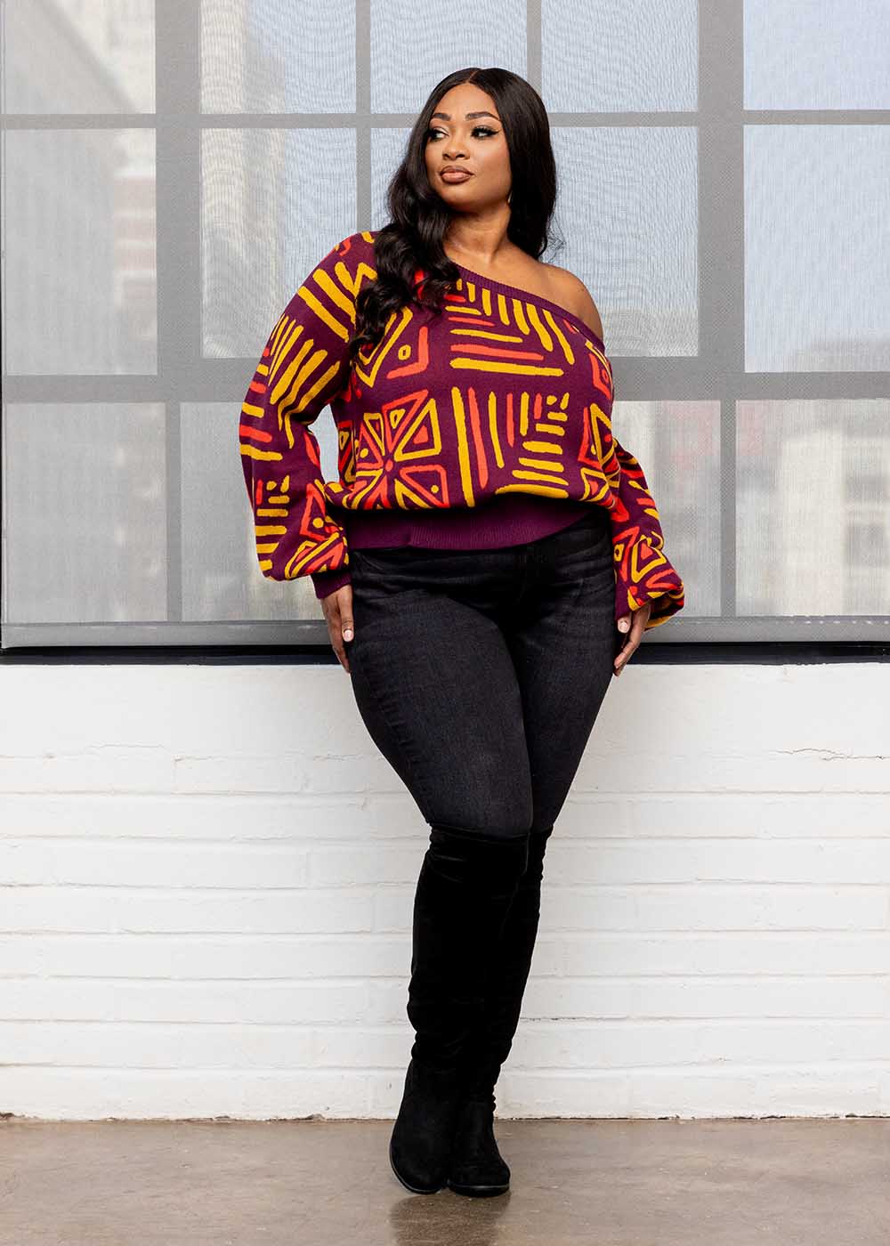 Hiba Women's African Print Sweater (Plum Gold Tribal) – D'IYANU