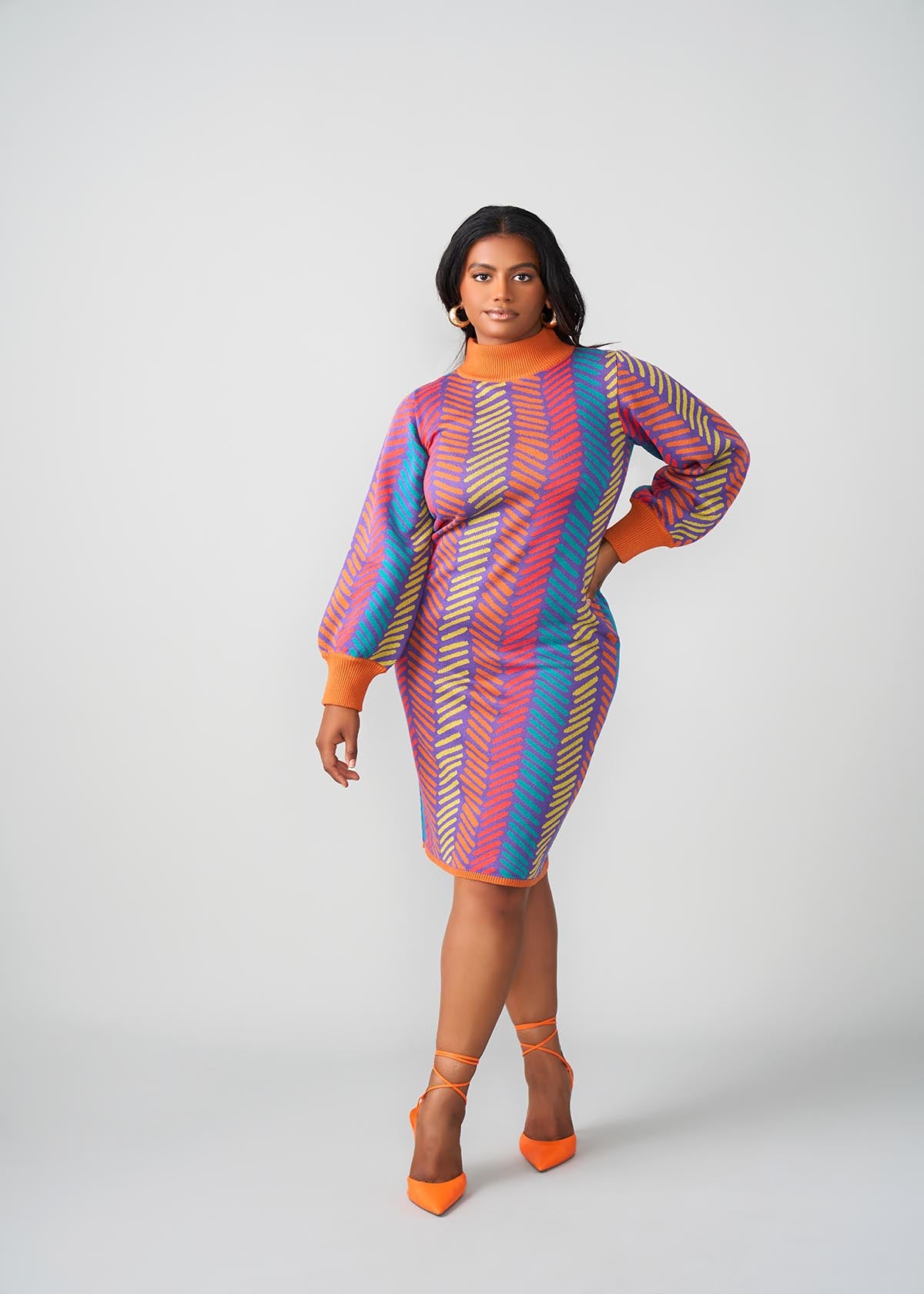 Zania Women's African Print Sweater Dress (Rainbow Tribal Lines)