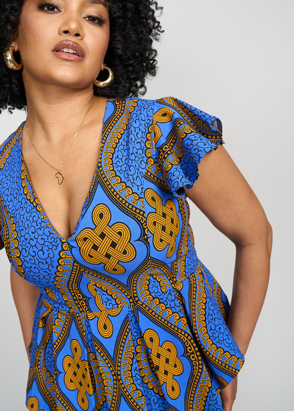 Zera Women's African Print Stretch Peplum Top (Gold Blue Motif)