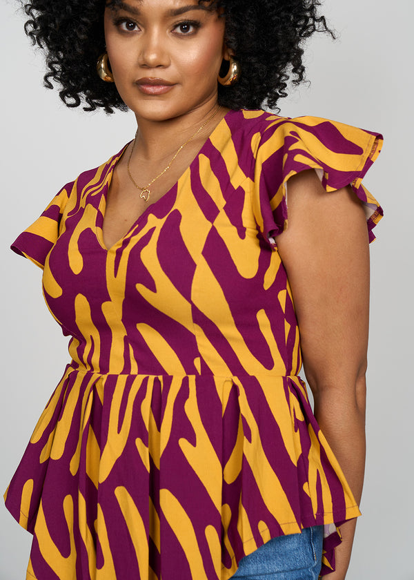 Zera Women's African Print Stretch Peplum Top (Gold Zebra Abstract)