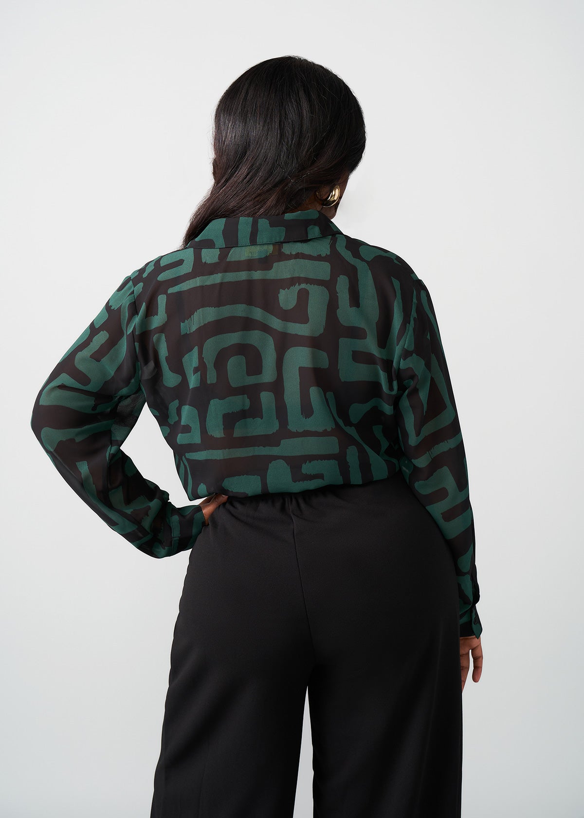 Zoela Women's African Print Sheer Blouse (Black Malachite Geometric)