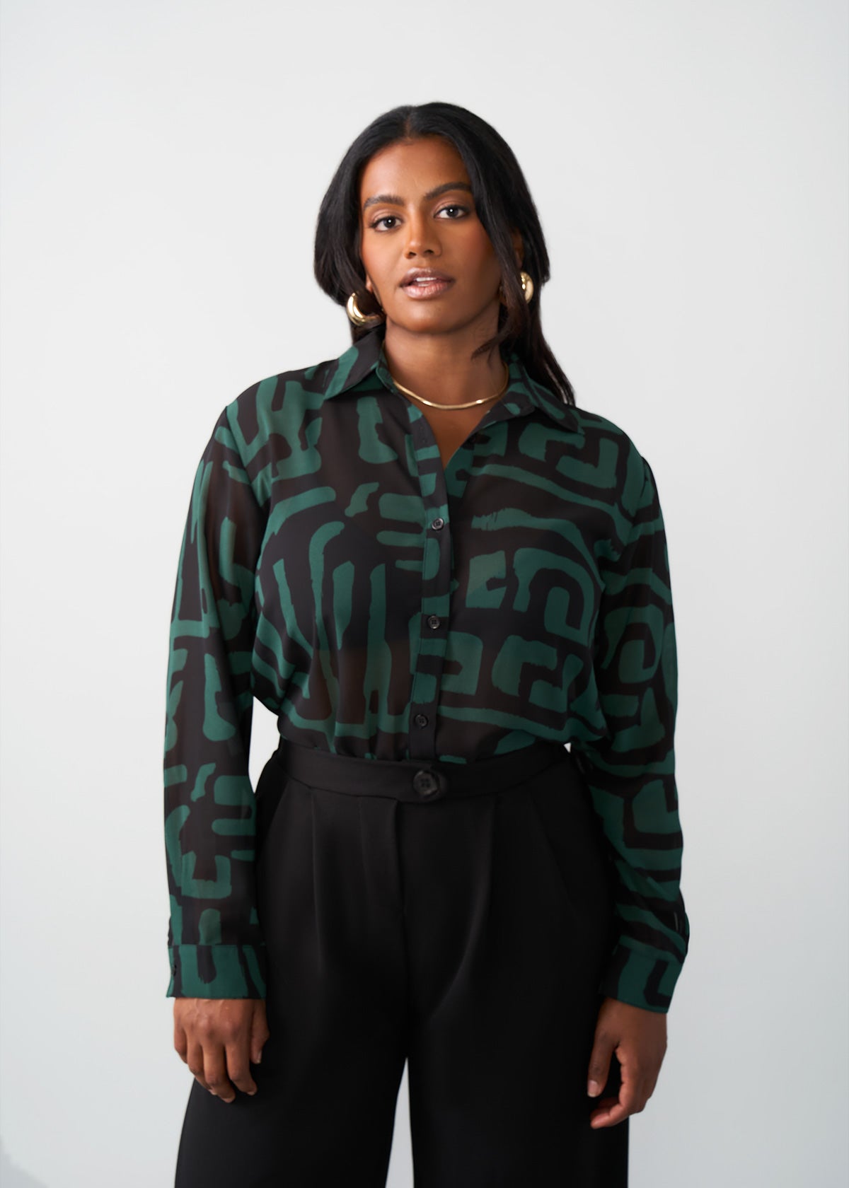 Zoela Women's African Print Sheer Blouse (Black Malachite Geometric)