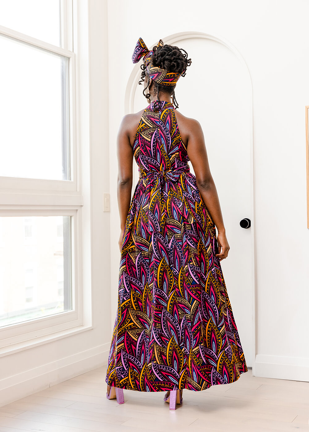 Ronke Women's African Print Maxi Dress (Sunset Leaves)