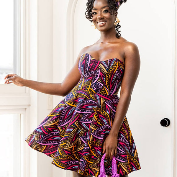 Jioni Women's African Print Corset Dress (Orange Blue Adire)