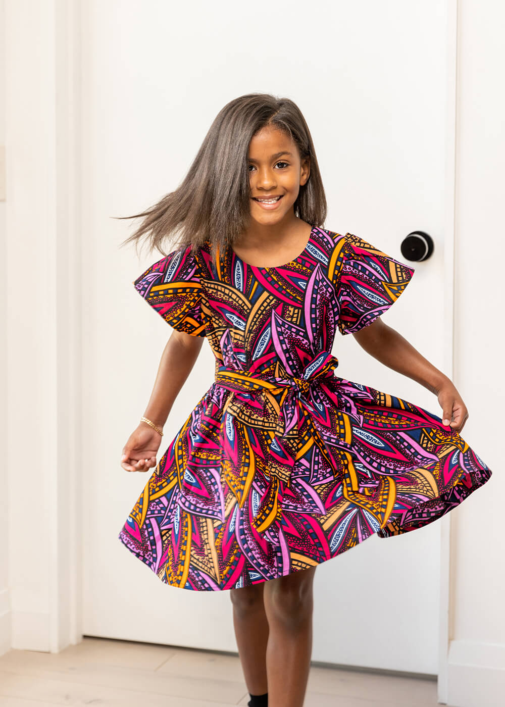 Kadija Girls African Print Dress Sunset Leaves