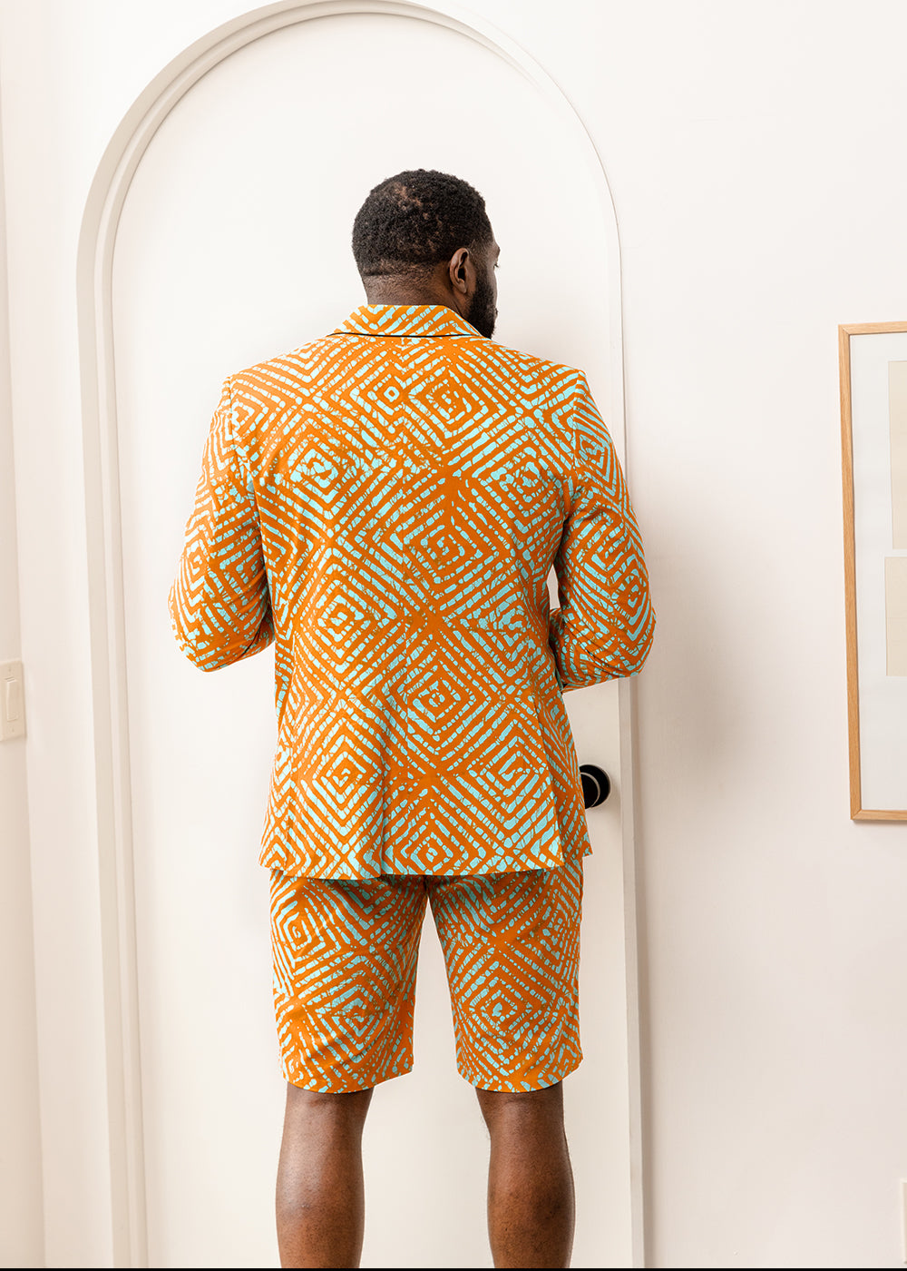 Hami Men's African Print Lightweight Blazer (Orange Blue Adire)