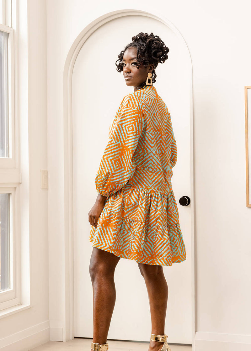 Terema Women's African Print Button-Up Dress (Orange Blue Adire) – D'IYANU