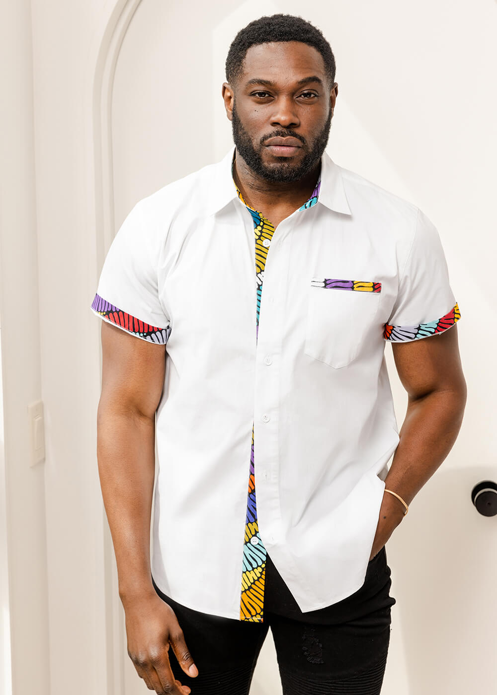 Salim Men's African Print Color-Blocked Shirt (Abstract Lines) - Clearance