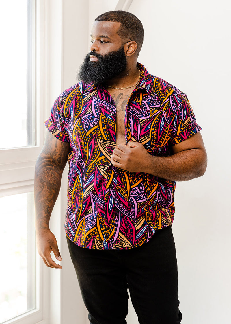Keyon Men's African Print Button-Up Shirt (Sunset Leaves) – D'IYANU