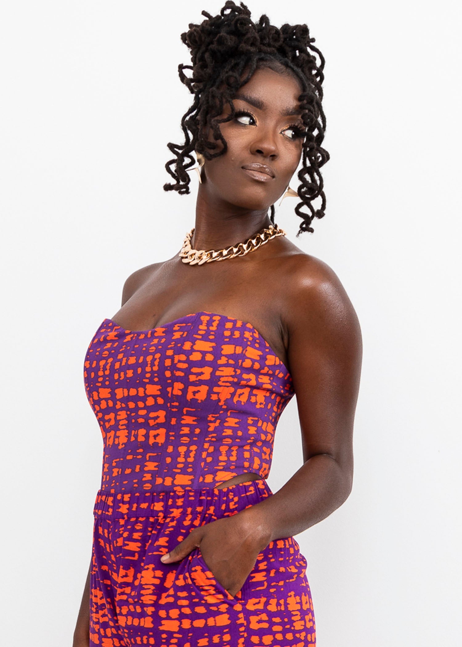 Caimile Women's African Print Stretch Corset Top (Purple Tangerine Adire) - Clearance