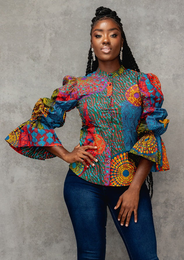 Amari Women's African Print Button-Up Top (New Harvest Multipattern ...