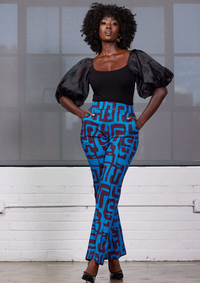 Abebe Women's African Print Stretch Wide Leg Pants (Fig Blue Geometric – D' IYANU