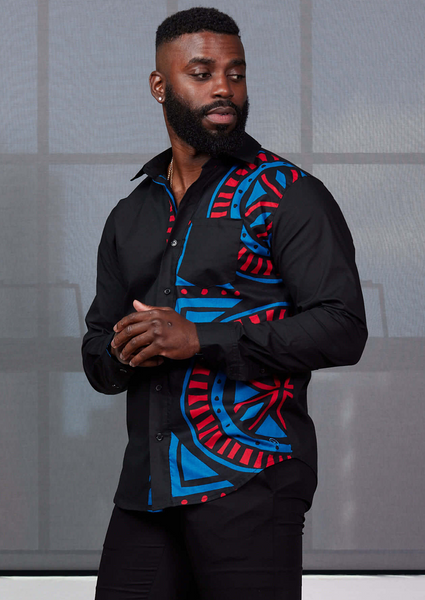 Abiade Men's African Print Button-Up Shirt (Black Magenta Tribal) – D'IYANU