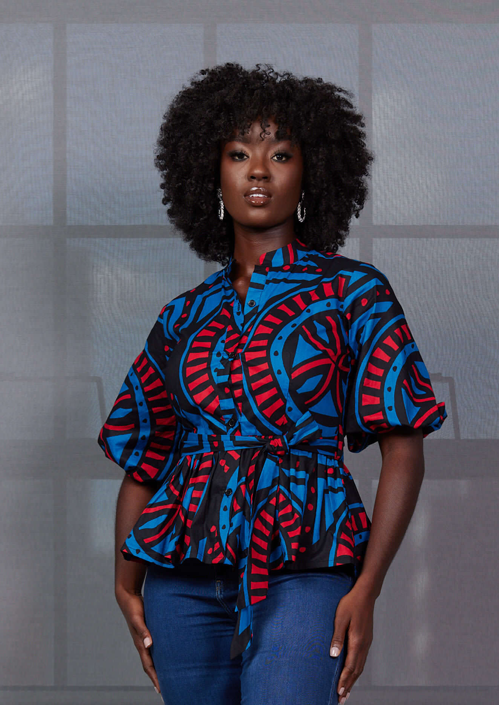 Aega Women's African Print Peplum Blouse (Blue Red Tiles) - Clearance