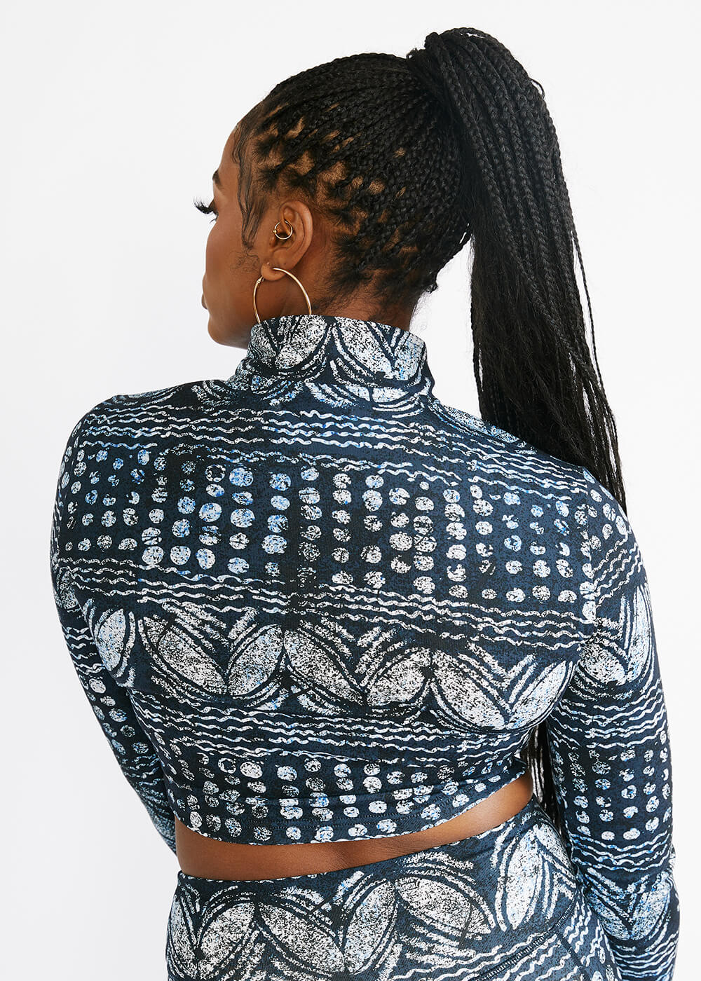 Anaya Women's African Print Zip-Up Crop Top (Navy Gray Adire) - Clearance