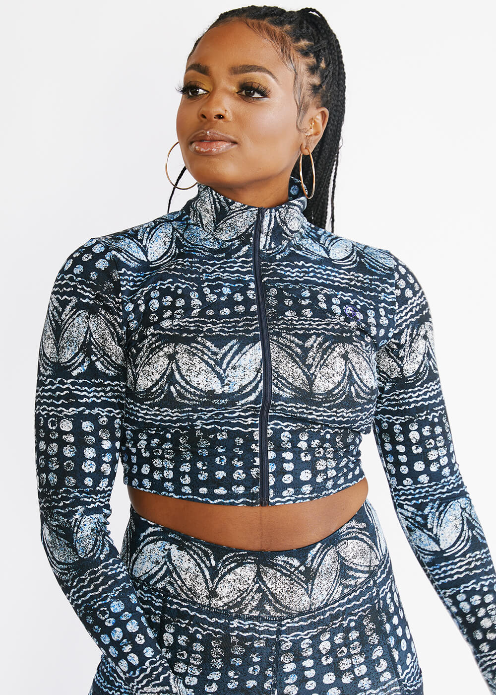 Anaya Women's African Print Zip-Up Crop Top (Navy Gray Adire) - Clearance