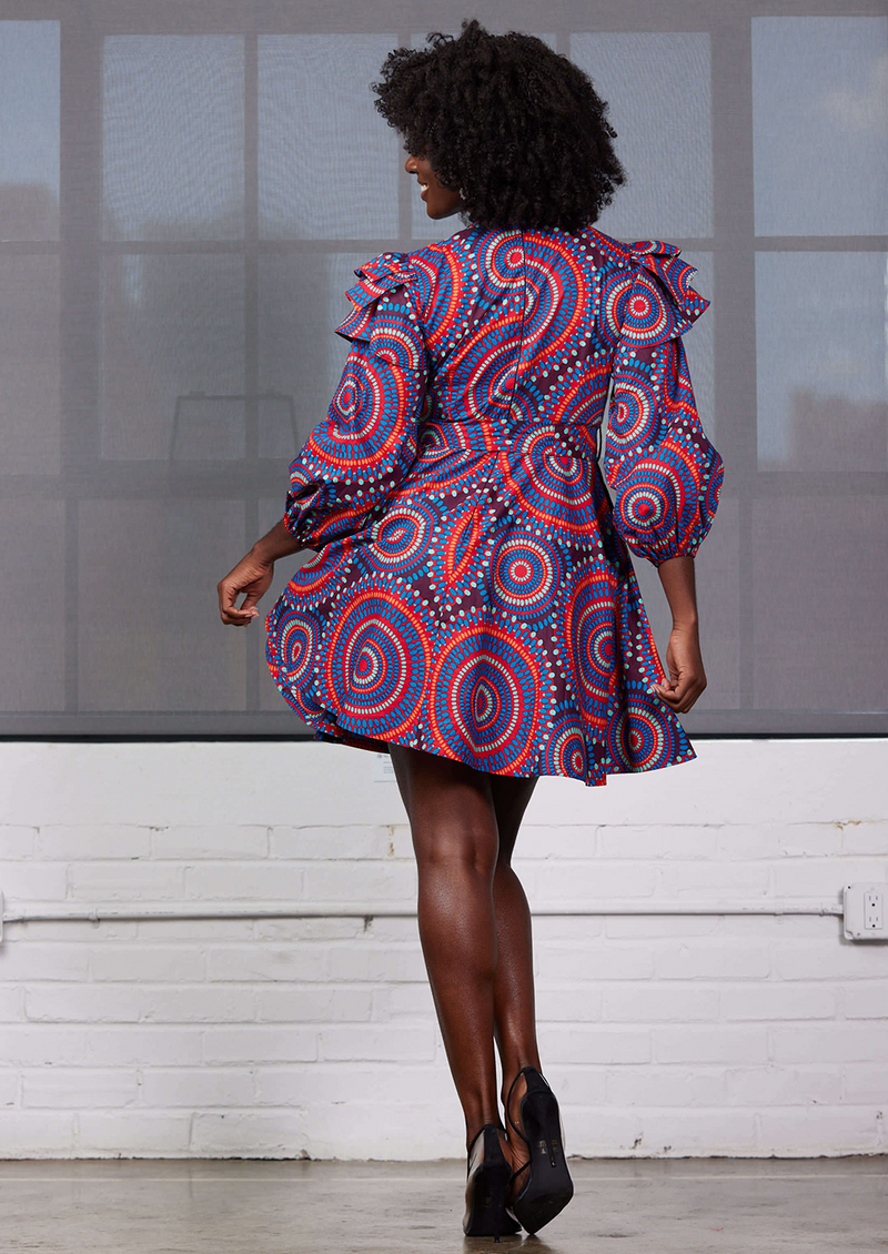 Aega Women's African Print Peplum Blouse (Blue Red Tiles) - Clearance