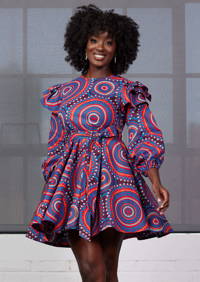 Anola Women's African Print Dress (Red Indigo Circles) - Clearance – D ...