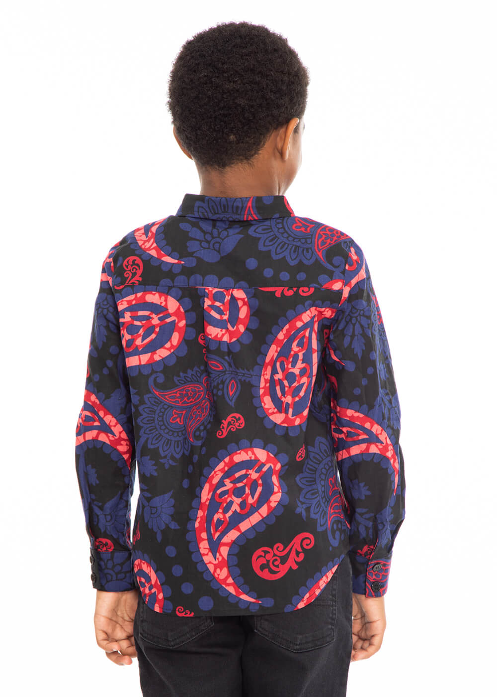 Kioko Boy's African Print Button-Up Shirt (Black Maroon Paisley)- Clearance