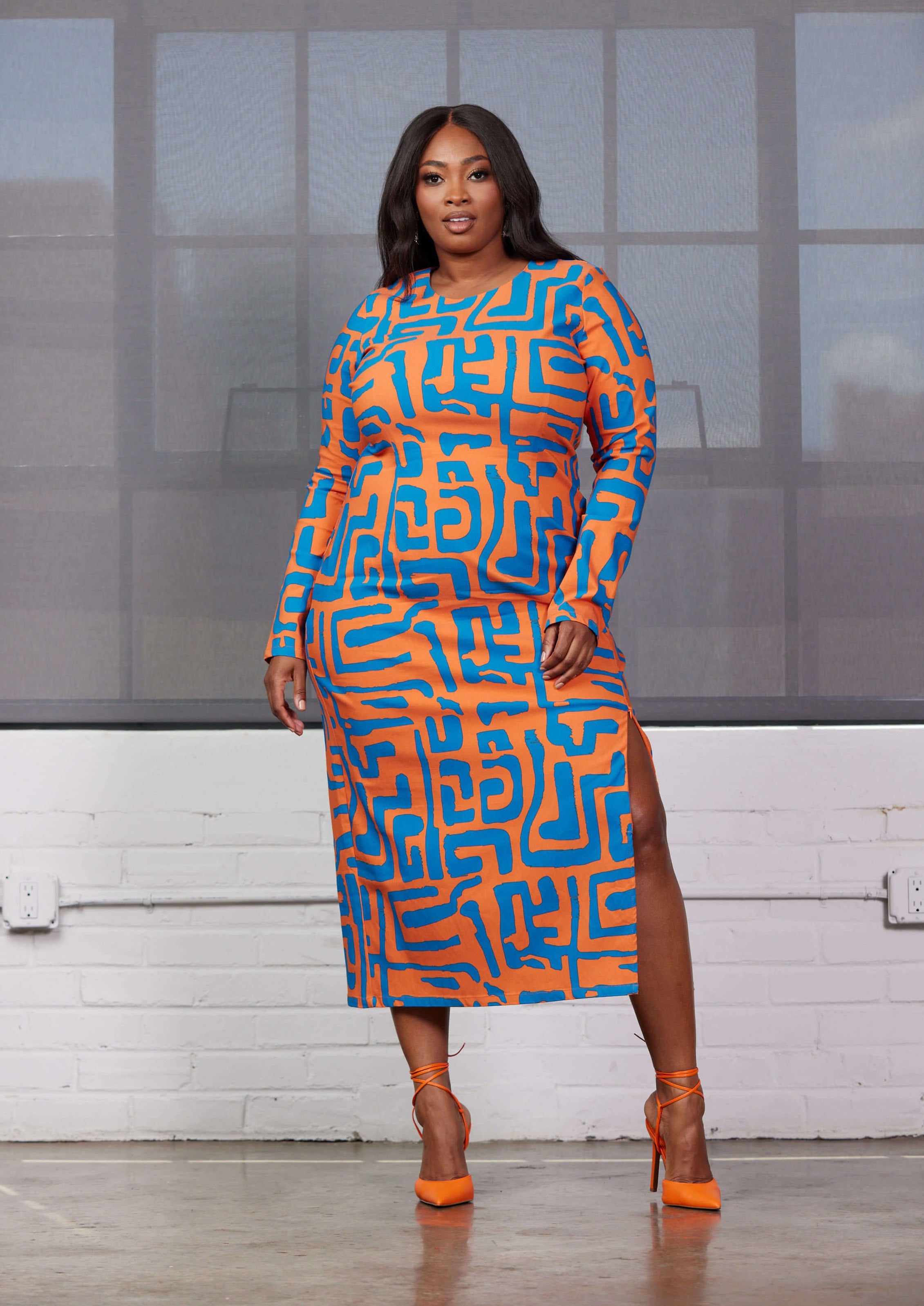 Chidima Women's African Print Stretch Midi Dress (Orange Blue Geometric)