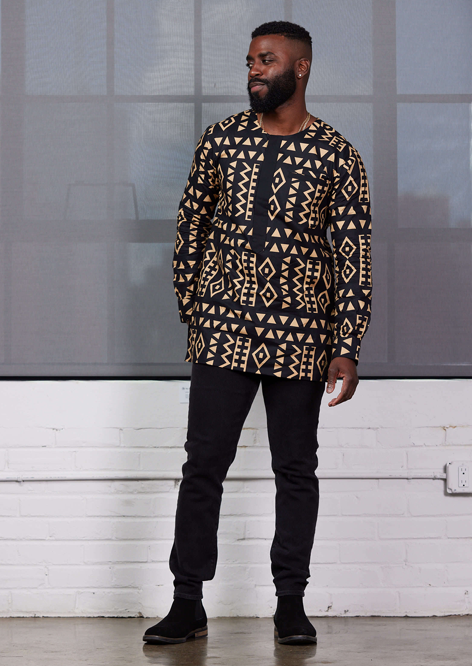 Ibrahim Men's African Print Traditional Shirt (Tan Black Tribal)