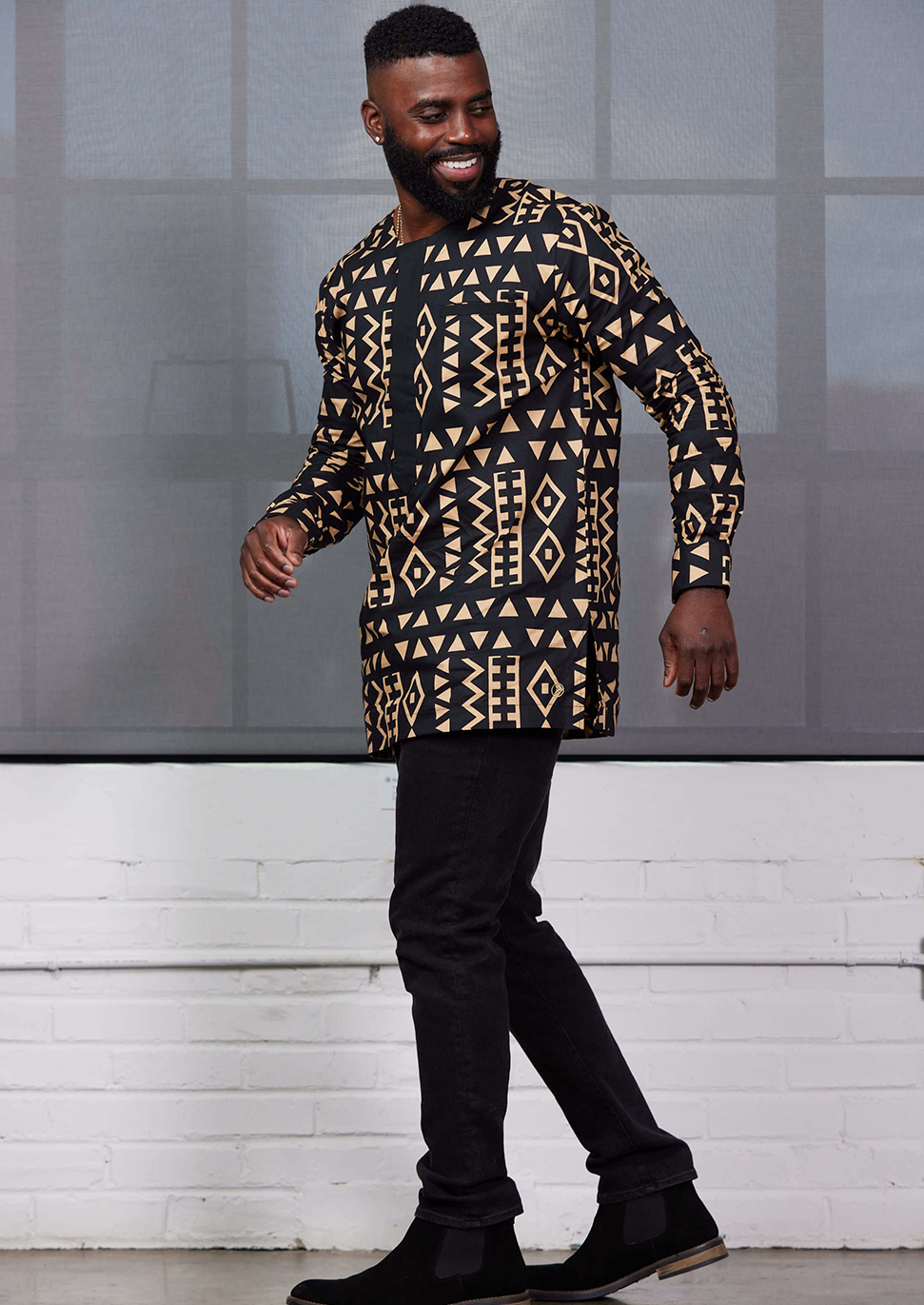 Ibrahim Men's African Print Traditional Shirt (Tan Black Tribal)