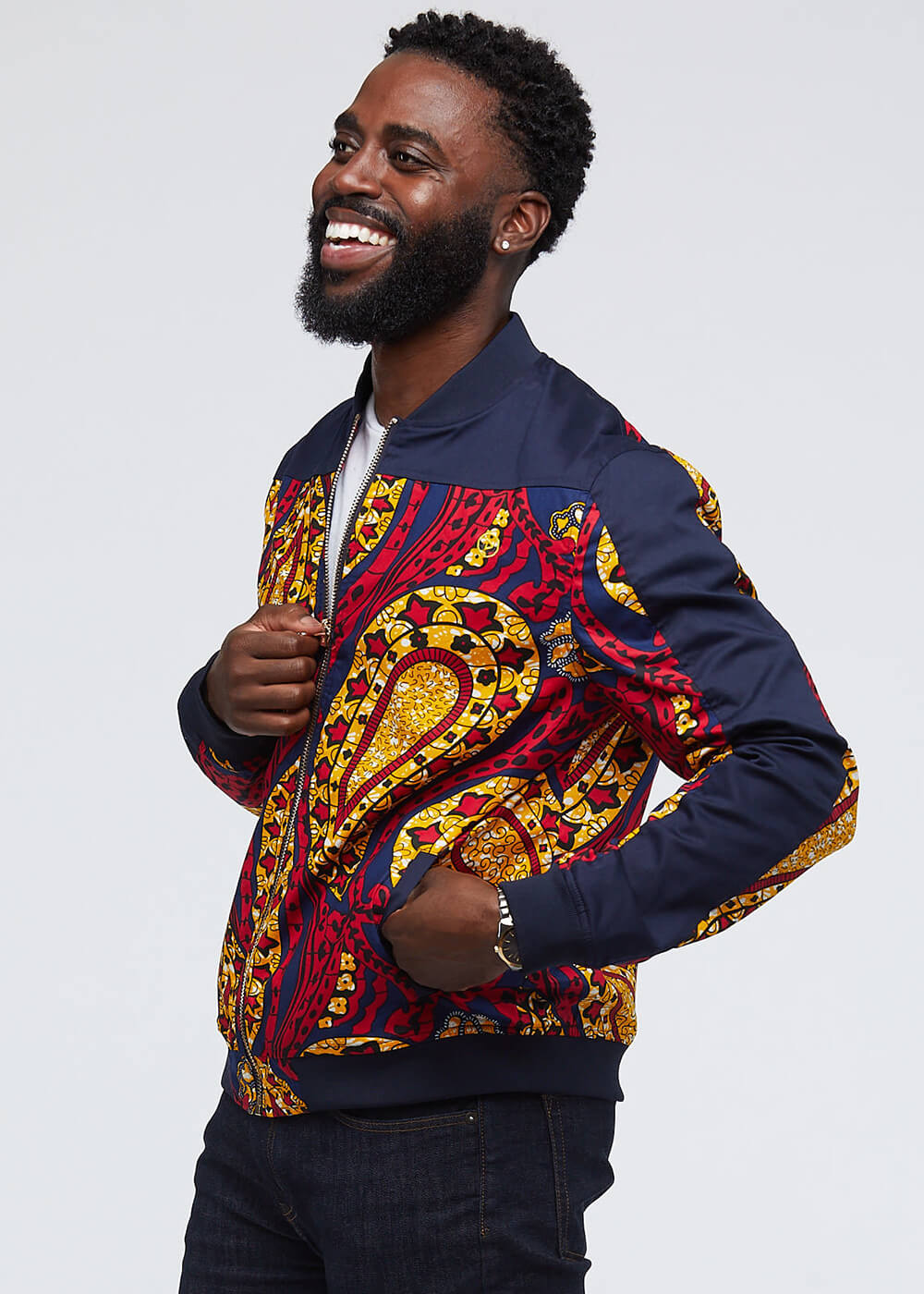 Ise African Print Reversible Bomber Jacket (Navy/Navy Gold Paisley)