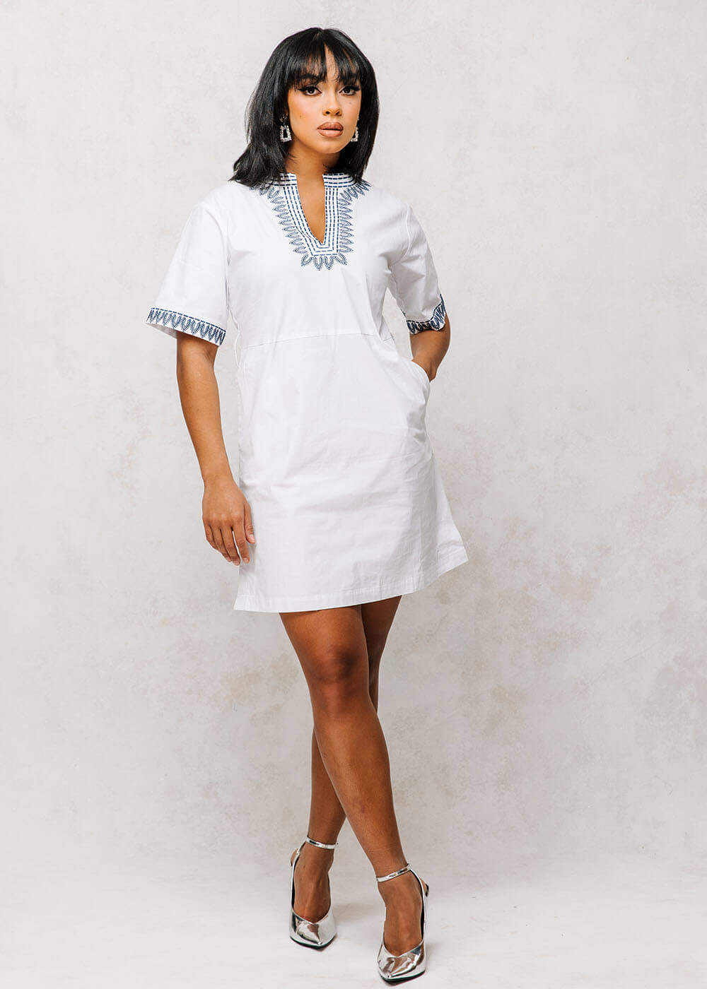 Marli Women's African Embroidered Tunic Dress (White/Blue) - Clearance