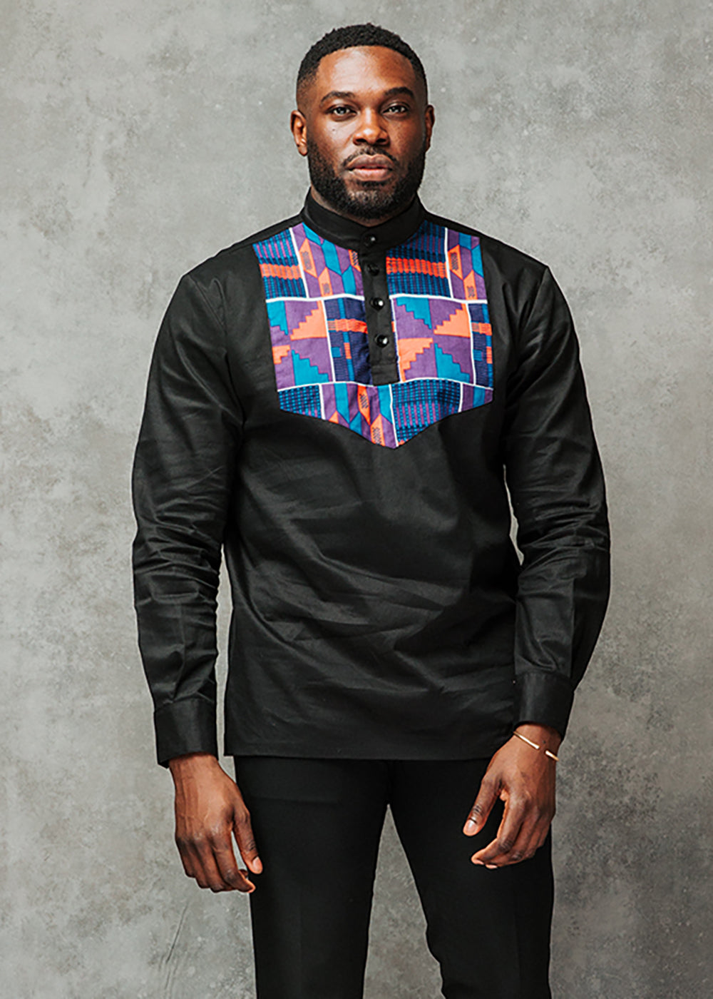 Meka Men's African Print Collared Henley Shirt (Black/Purple Navy Kent ...